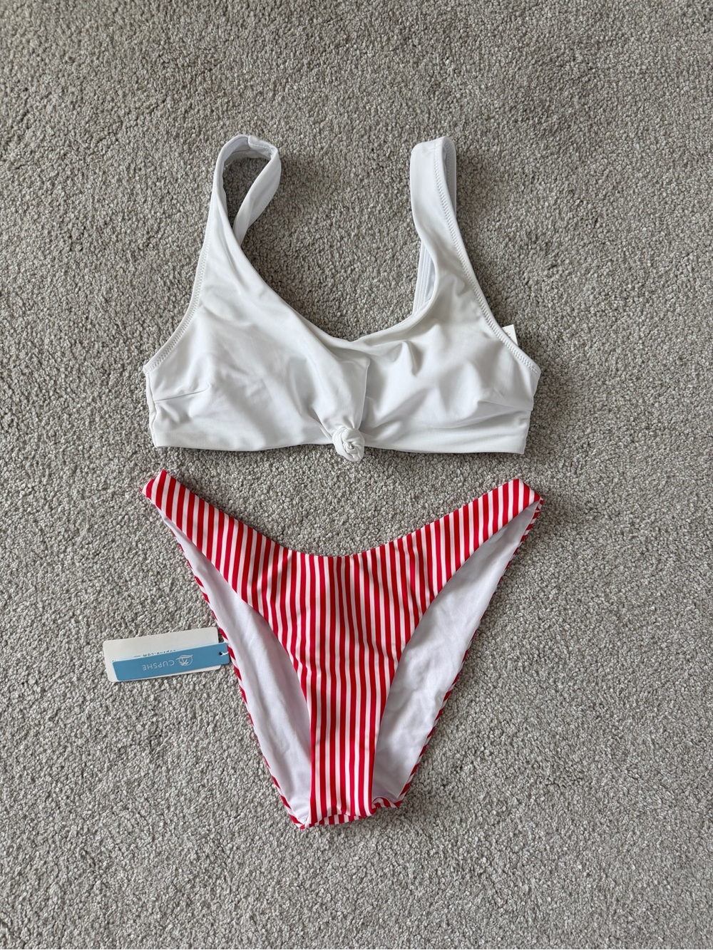 Cupshe White Bikini Top with Red Striped Bottom